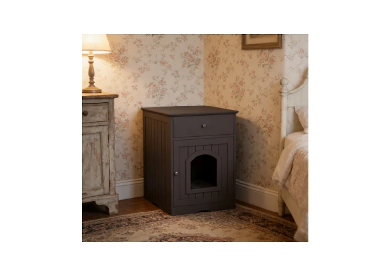 Zeus & Ruta Wooden Cat Enclosure with Litter Box, Drawer, Side Table, Pet Crate, and Nightstand Home