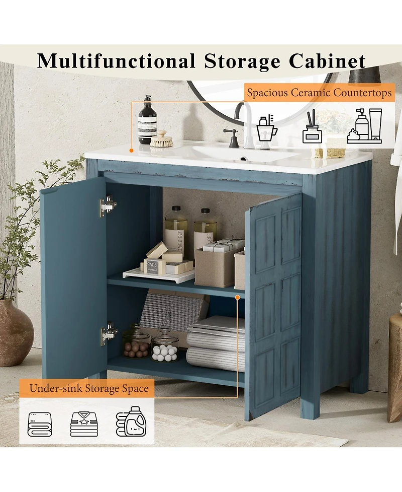 Sillysis 36" Retro Bathroom Vanity with Ceramic Sink, Solid Wood Frame and Soft Close Doors, Spacious Storage Cabinet for Modern Bathrooms.