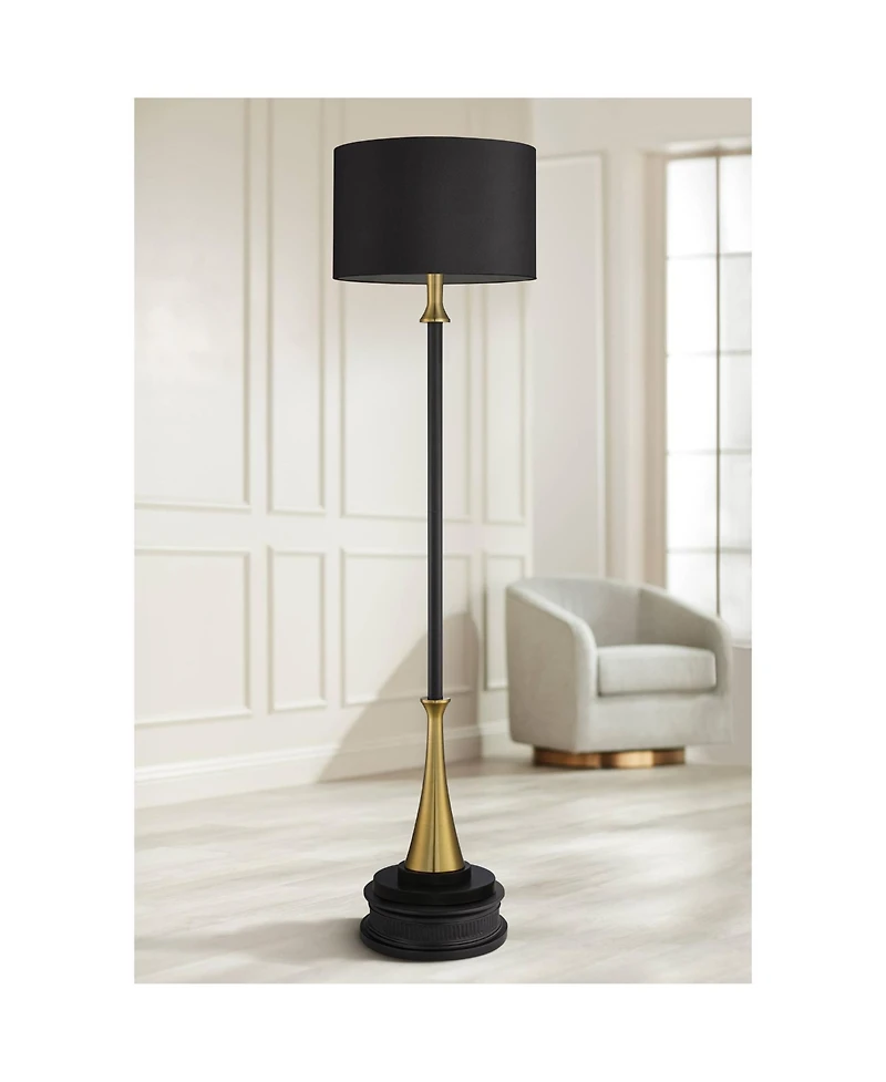 Possini Euro Design Burbank Mid Century Modern Art Deco 70" Tall Floor Lamp with Dimmer Round Riser Brass Drum Shade for Living Room