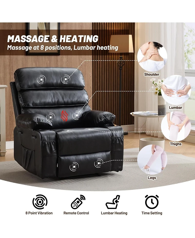 gaomon Pu Leather Recliner: Extra-wide manual recliner with massage, heat, and 1.5× plush arm/back support for ultimate living-room comfort.