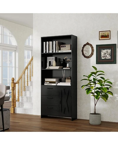 gaomon 71" Tall 6-Tier Bookshelf with Door and 3 Drawers, Modern Wooden Bookcase