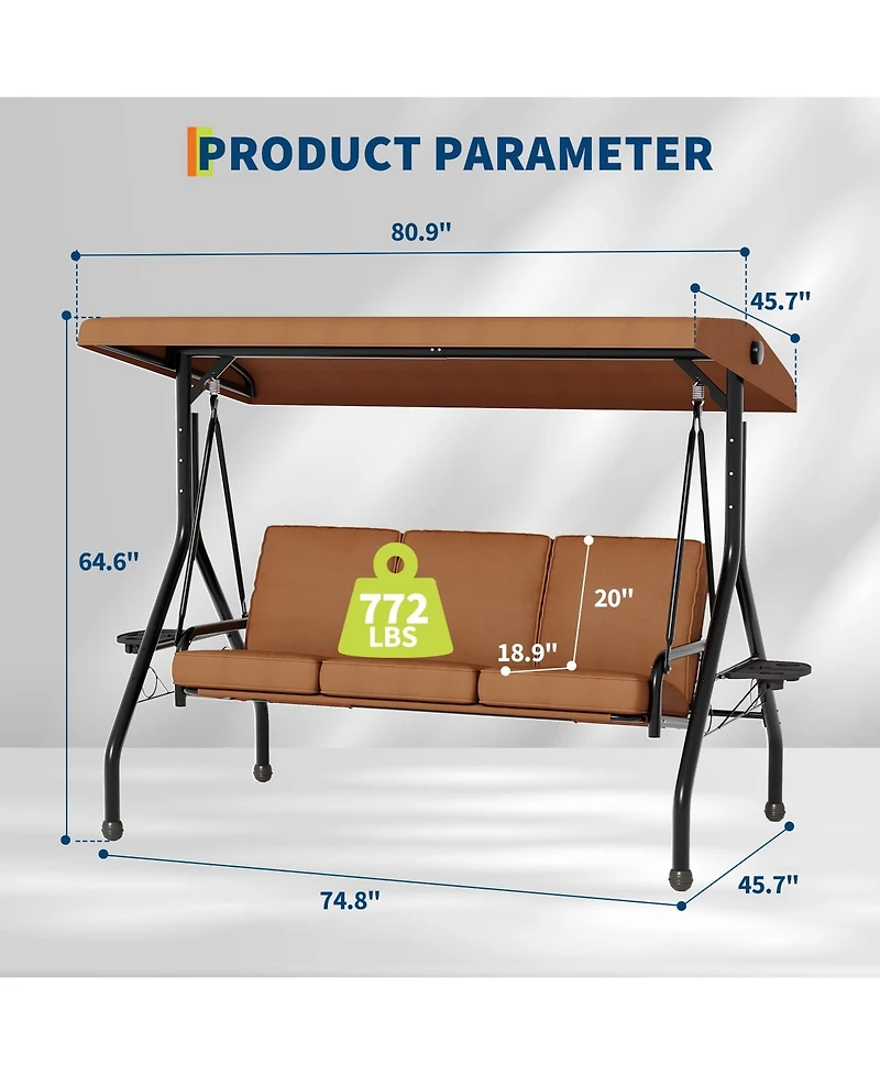 homfan 3-Seater Outdoor Swing with Adjustable Canopy, Thick Cushions, Cup Holders, Weather-Resistant Steel Frame, Patio Bench for Garden
