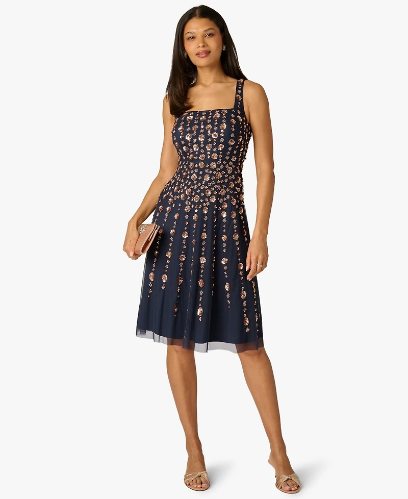 Adrianna Papell Petite Beaded Square Neck Midi Dress