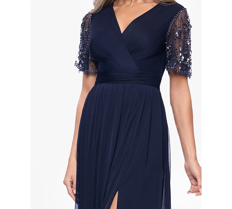 Xscape Women's Short-Sleeve V-Neck Long Gown