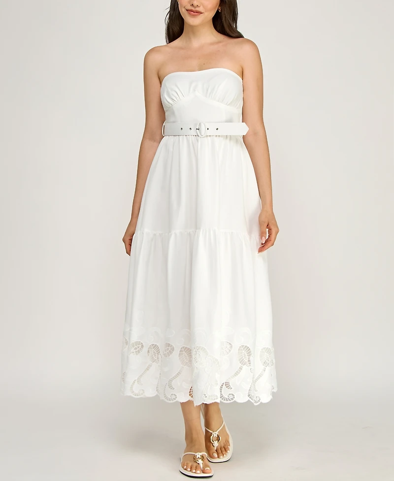 Row A Juniors' Strapless Sweetheart Neck Lazer Cutout Hem Belted Midi Dress