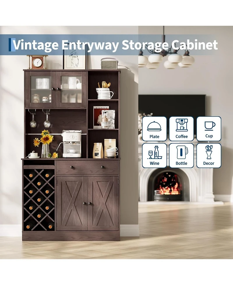 gaomon Coffee Bar Cabinet with Power Outlet & Exquisite Barn Doors, Sideboard Buffet Wine Bottle Rack, Storage