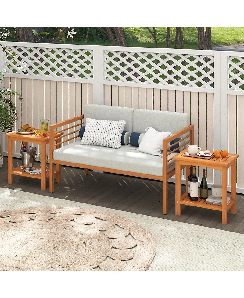 Gouun 2-Tier Acacia Wood Outdoor Side Table with Slatted Shelf, 19.5 x 14 x 20.5 inch.