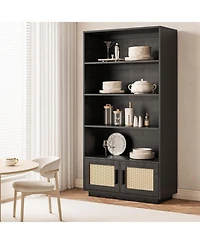 gaomon 5-Tier Boho Wooden Bookcase with Rattan Doors and Storage