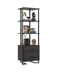 gaomon Modern 3-Tier Industrial Bookcase with 2 Storage Drawers, Wood and Metal Standing Shelf