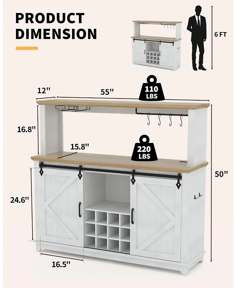 gaomon Hetoy Farmhouse Coffee Bar Cabinet 55" Tall with Sliding Barn Door, Led Light, Power Outlet - Storage Drawers, 12-Bottle Wine Rack