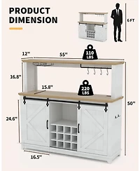 gaomon Hetoy Farmhouse Coffee Bar Cabinet 55" Tall with Sliding Barn Door, Led Light, Power Outlet - Storage Drawers, 12-Bottle Wine Rack