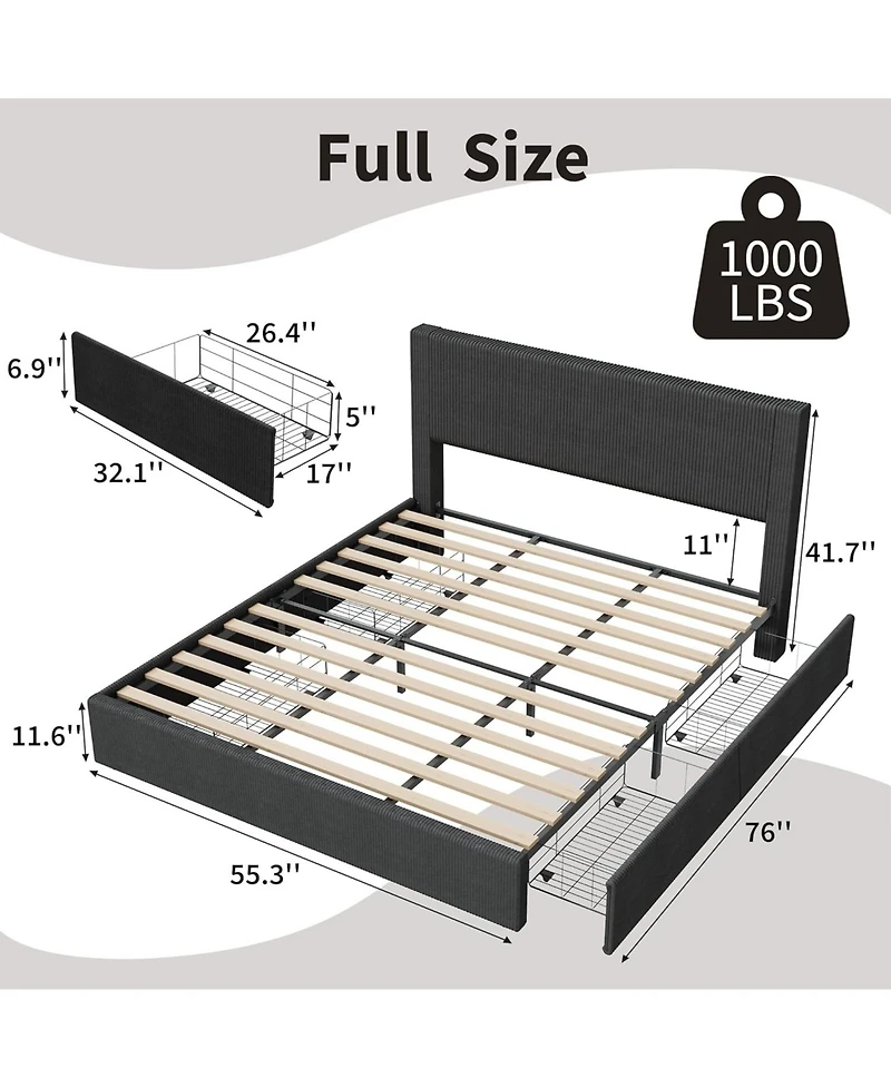 gaomon Full Upholstered Bed Frame with 4 Storage Drawers, Wingback Channel Tufted Headboard