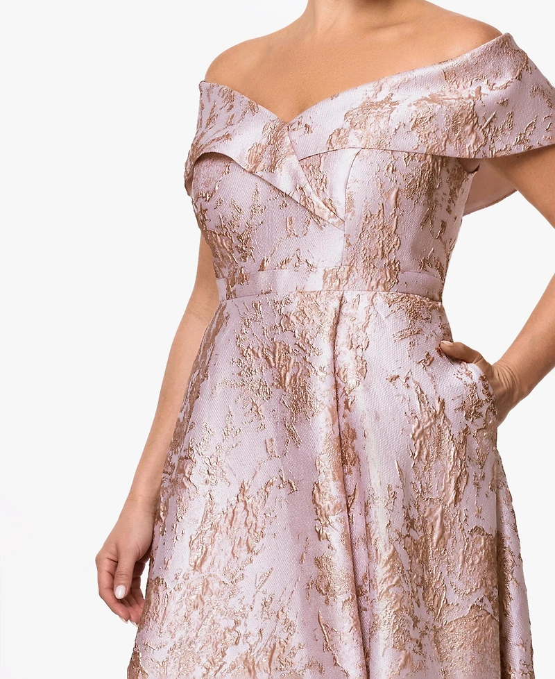 Xscape Plus Off-The-Shoulder Metallic Jacquard Ball Gown