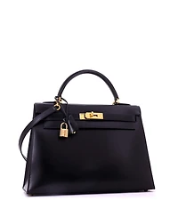 Pre-Owned HERMES Kelly 32 Handbag Black Box Calf with Gold Hardware