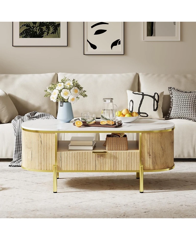 gaomon 48" Oval Coffee Table with Storage, Modern Luxury Coffee Table with Drawer and Faux Marble Top, Fluted Center Table with Curved Profile Design