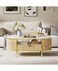 gaomon 48" Oval Coffee Table with Storage, Modern Luxury Coffee Table with Drawer and Faux Marble Top, Fluted Center Table with Curved Profile Design