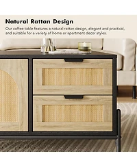 gaomon Farmhouse Rattan Coffee Table, Modern Center Table with 2 Drawers Storage Cabinet and Open Shelf, Rectangle End Table with Metal Frame