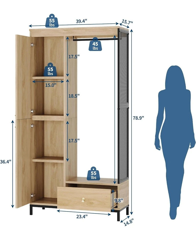 gaomon Modern Armoire Wardrobe Closet, Wood and Metal Frame Clothes Storage Organizer with Double Closed Doors, Open Hanging Rod
