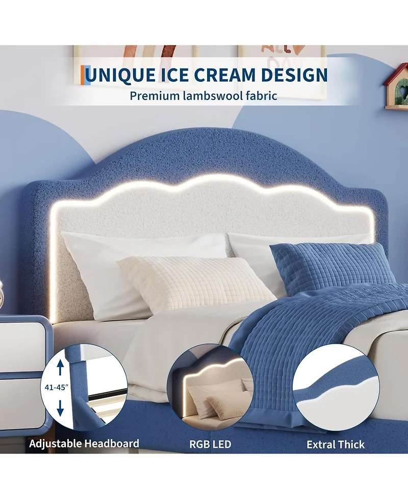 gaomon Full Kids Bed Frame with Led Headboard, Sherpa Upholstered Platform with Storage Drawer