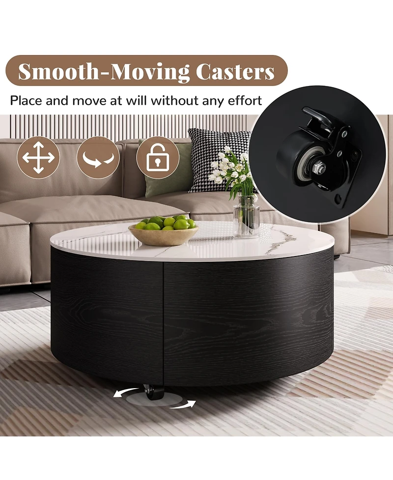 Rainsken 29.5" Round Movable Coffee Table on Wheels, Modern Wood Center Table with Marble Textured Sintered Stone Top and 2 Drawers for Living Room