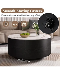 Rainsken 29.5" Round Movable Coffee Table on Wheels, Modern Wood Center Table with Marble Textured Sintered Stone Top and 2 Drawers for Living Room
