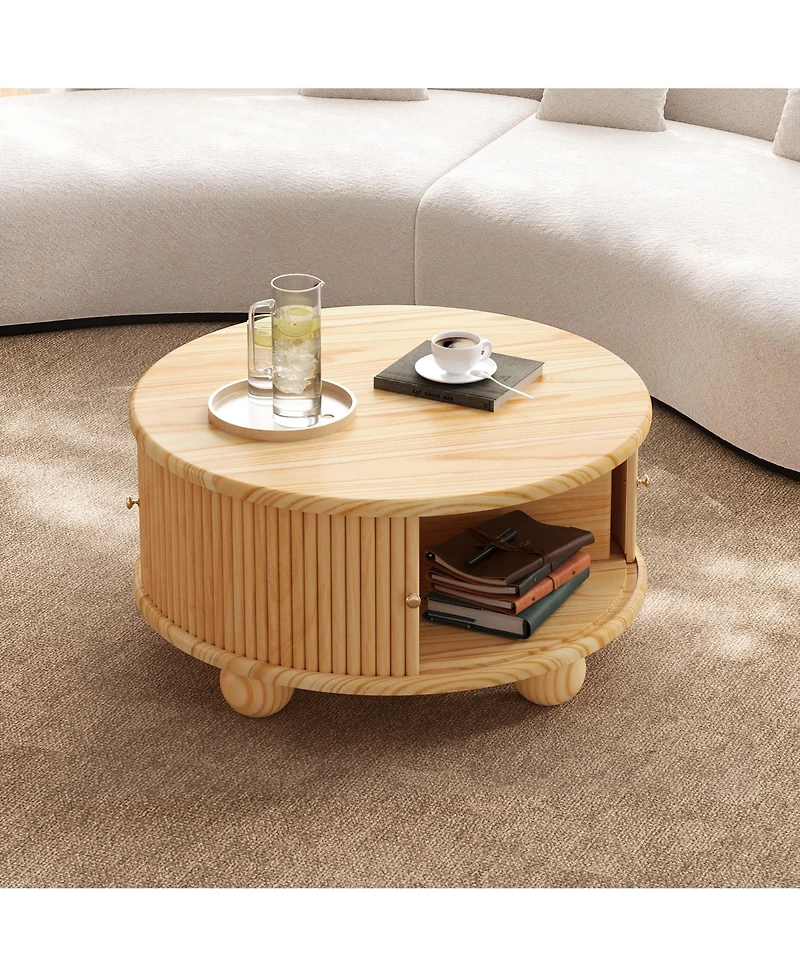 Rainsken Modern Round Fluted Storage Coffee Table, Solid Wood Center Table with Sliding Doors for Living Room and Compact Spaces