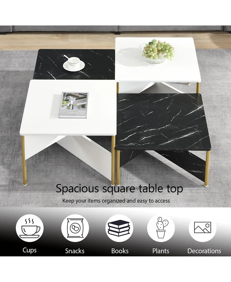 Rainsken Mid-Century Square Nesting Coffee Table Set of 4, Adjustable Combined Center Table for Home Living Room Decor