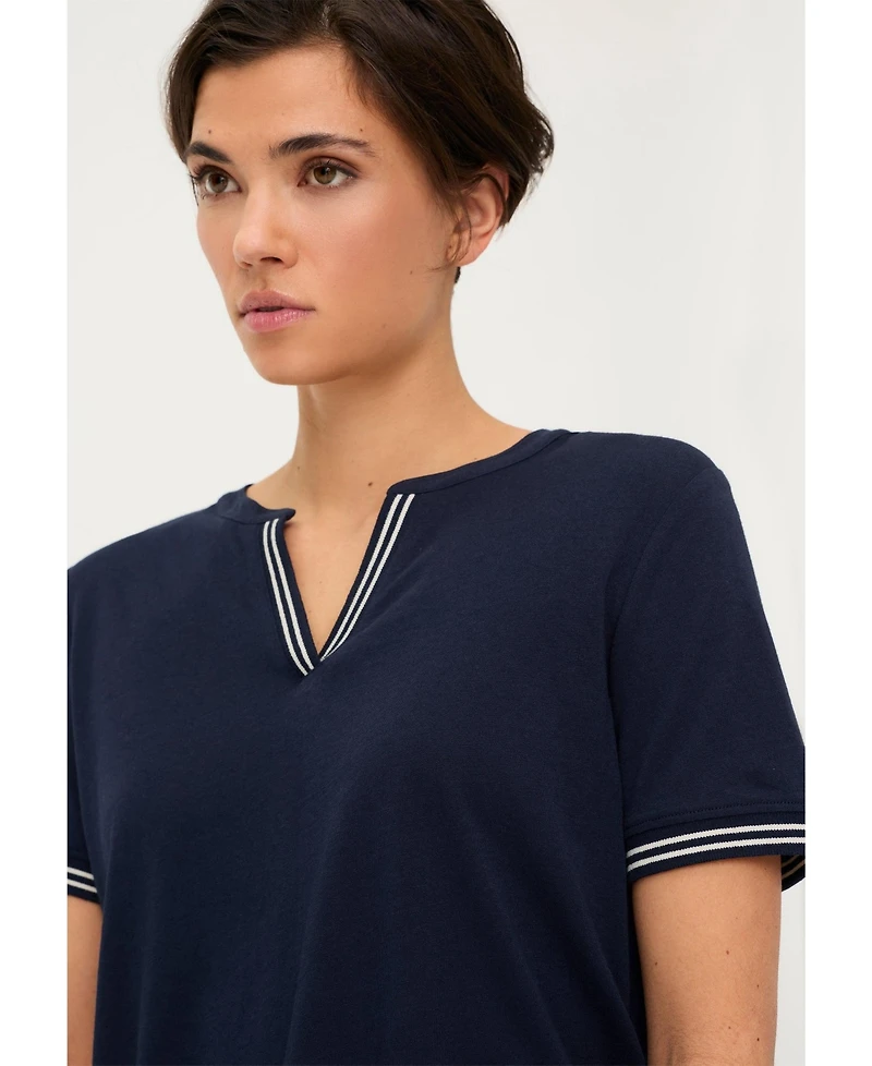 Olsen Women's Split Neck T-Shirt with Stripe Trim