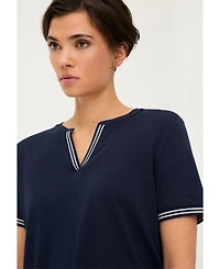 Olsen Women's Split Neck T-Shirt with Stripe Trim