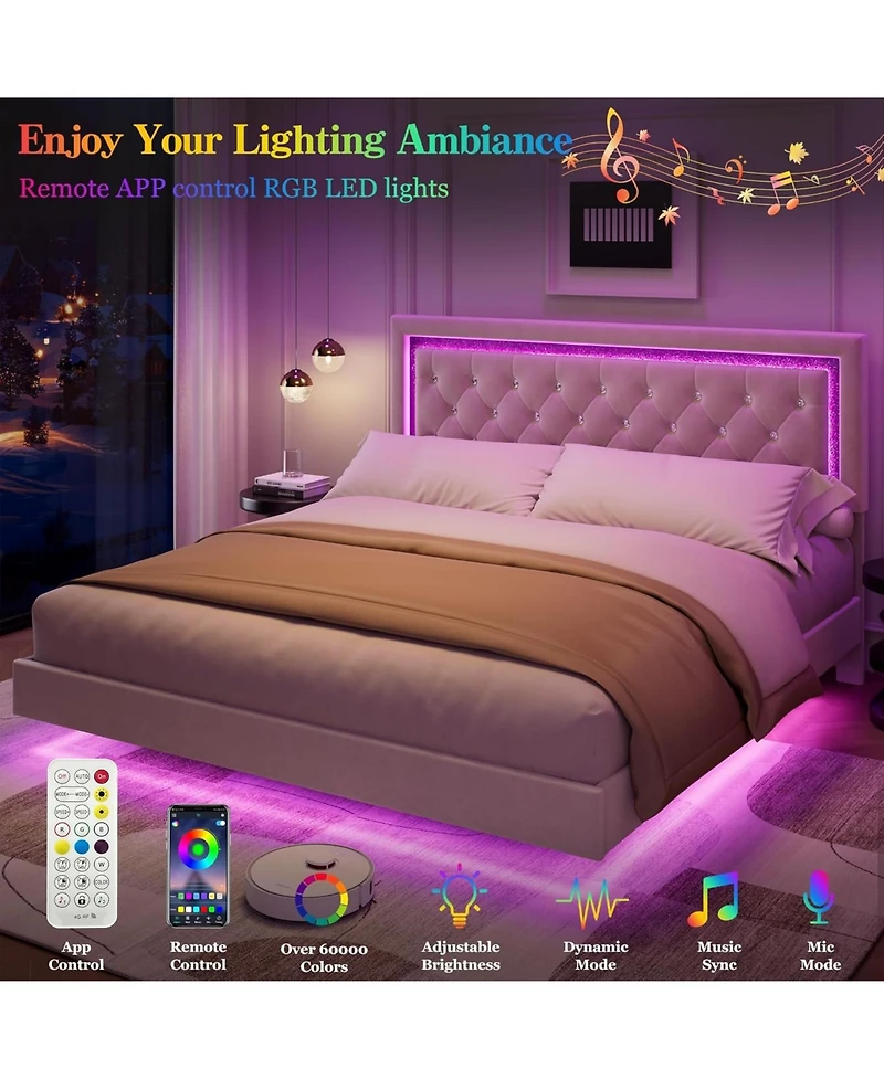 gaomon Floating Bed Frame with Led Lights, Upholstered Platform with Diamond Headboard, Wood Slats Support