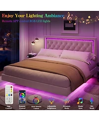 gaomon Floating Bed Frame with Led Lights, Upholstered Platform with Diamond Headboard, Wood Slats Support