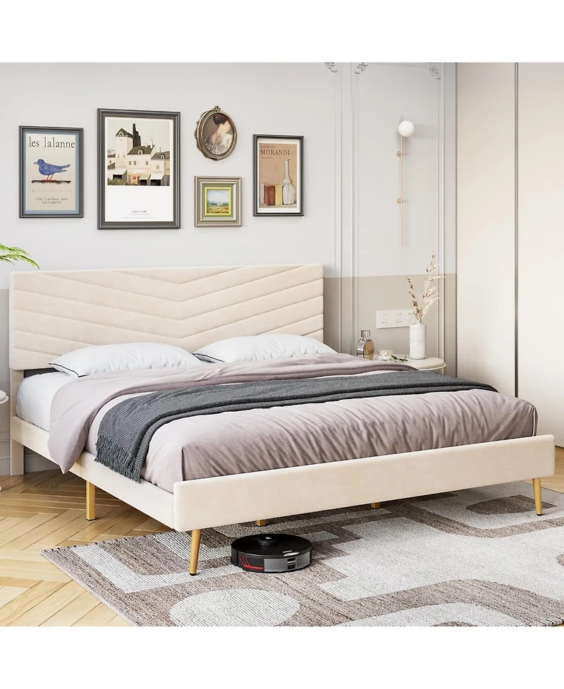 gaomon King Upholstered Bed Frame, Velvet Platform Design for Bedroom or Guest Room