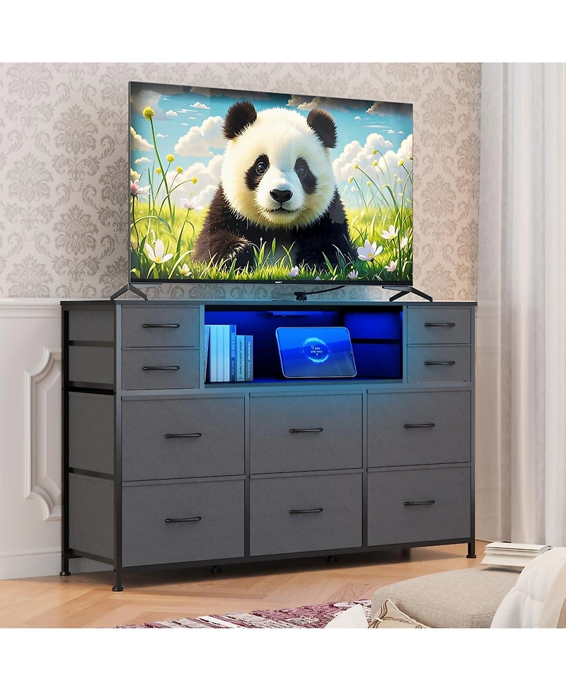 gaomon 10 Fabric Drawers Dresser with Led Lights, Entertainment Center with Charging Station, Wood Top