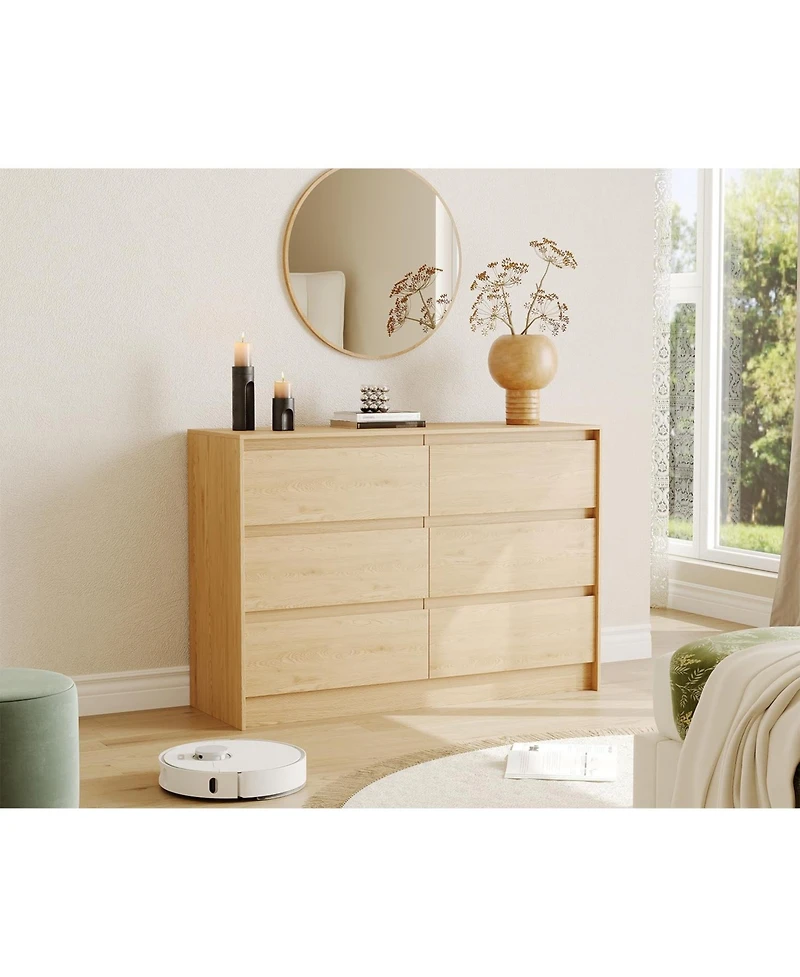gaomon Farmhouse 6 Drawer Dresser, 47 Inch Wide Chest of Drawers, Handle-Less Design Oak Wooden Organizer Cabinet for Bedroom