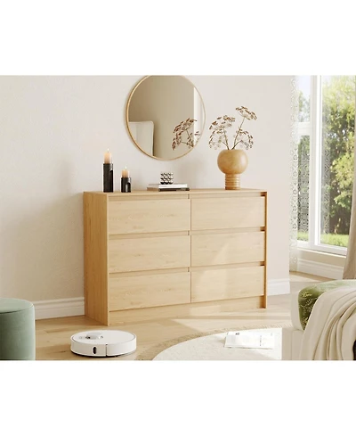gaomon Farmhouse 6 Drawer Dresser, 47 Inch Wide Chest of Drawers, Handle-Less Design Oak Wooden Organizer Cabinet for Bedroom