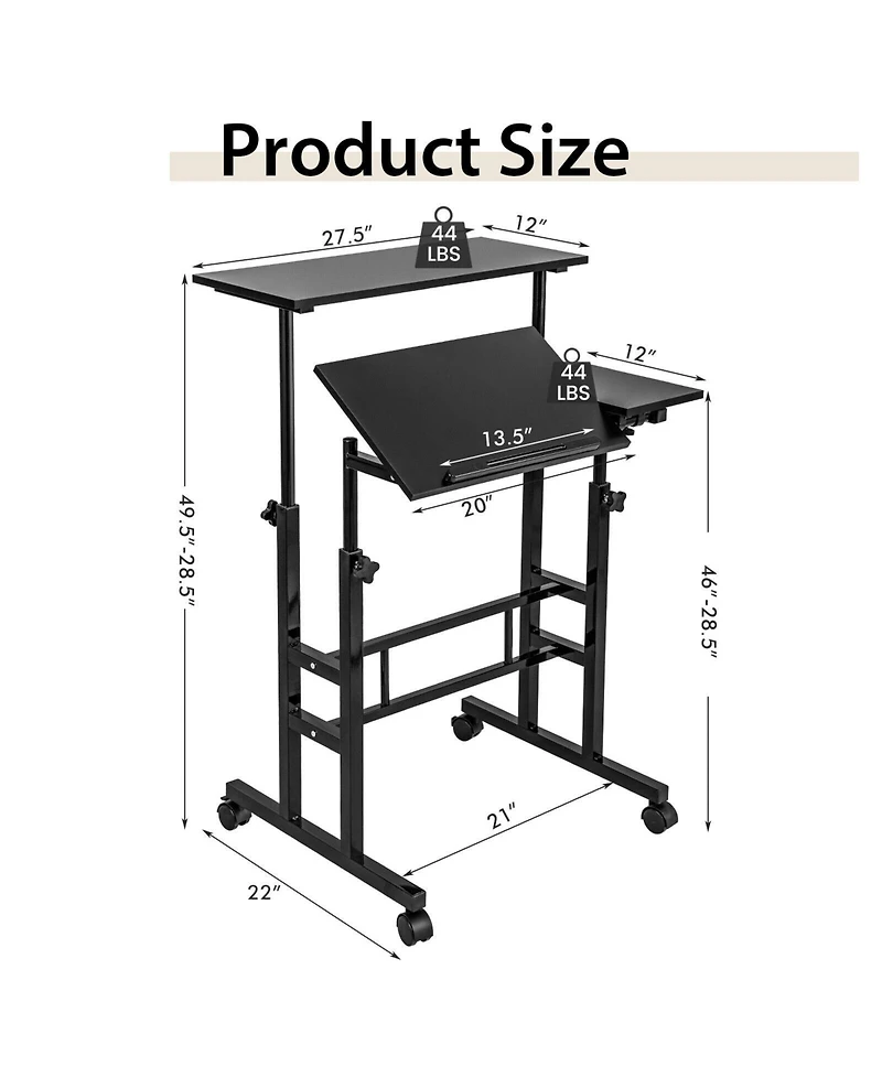 Gouun Mobile Stand-Up Desk with 2 Tilting Desktops, Adjustable Height