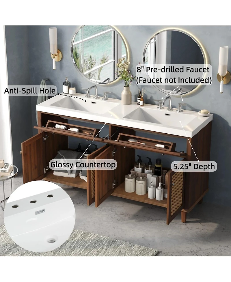 Sillysis 60 Inch Double Sink Bathroom Vanity, Modern Freestanding Cabinet with Smc Sinks, Soft Close Doors, Flip-Out Tray Storage