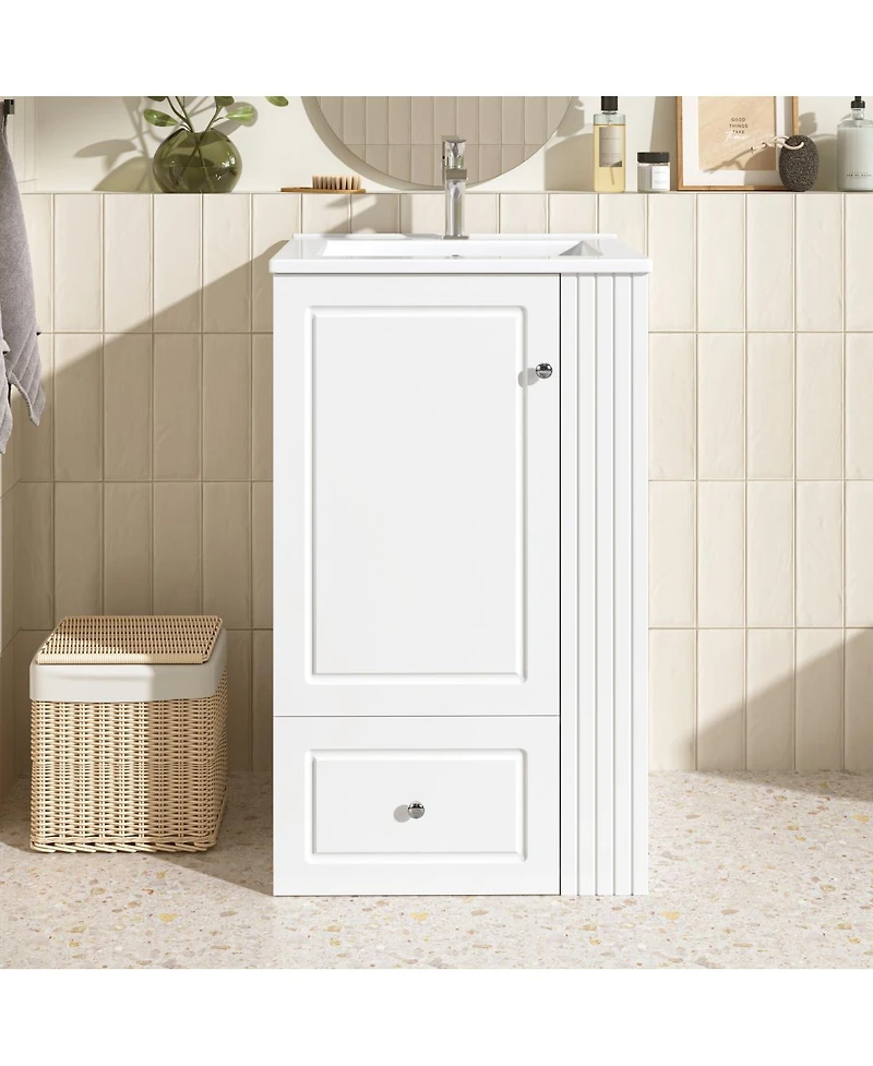 Sillysis 20 Inch Bathroom Vanity with Ceramic Sink, Soft Close Drawer and Side Shelves, Freestanding Storage Cabinet for Small Spaces.