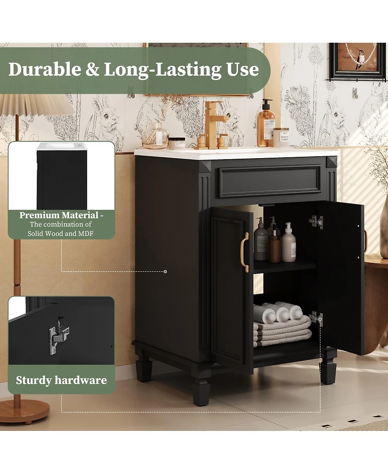 Sillysis 24 Inch Freestanding Bathroom Vanity with Ceramic Sink, Soft Close Storage, Solid Wood Cabinet for Small Spaces.