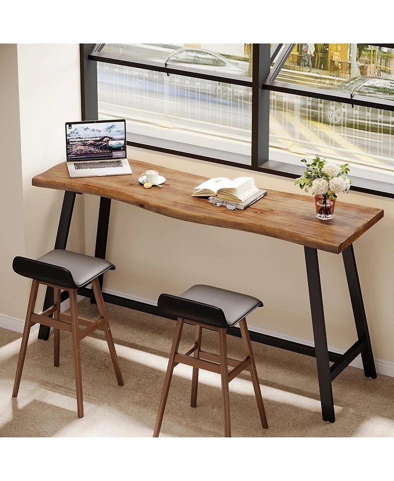 Tribesigns Solid Wood Bar Table, Counter Height Pub Table with Sturdy Metal Frame, Industrial Narrow Dining Counter Bar Units
