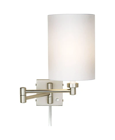Possini Euro Design Modern Swing Arm Wall Lamp Cord Cover Brushed Nickel Plug-In Light Fixture Cotton Cylinder Shade Bedroom