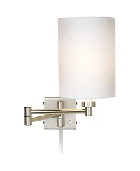 Possini Euro Design Modern Swing Arm Wall Lamp Cord Cover Brushed Nickel Plug-In Light Fixture Cotton Cylinder Shade Bedroom
