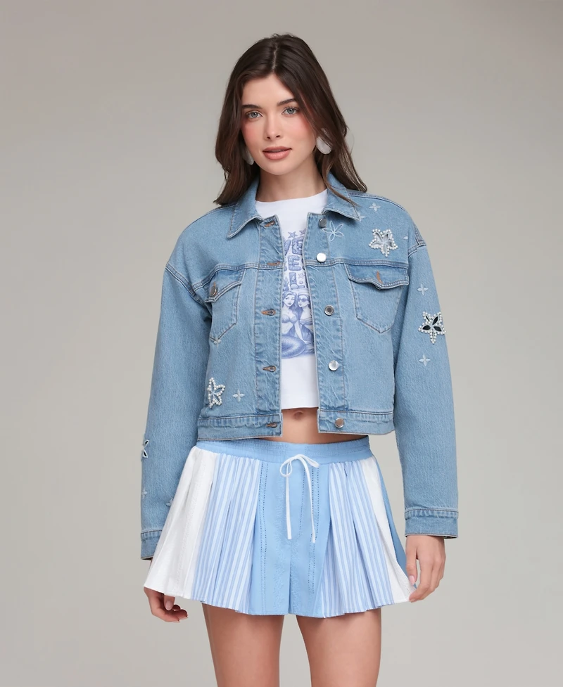 Avec Les Filles Women's Embroidered Detail Collared Denim Jacket