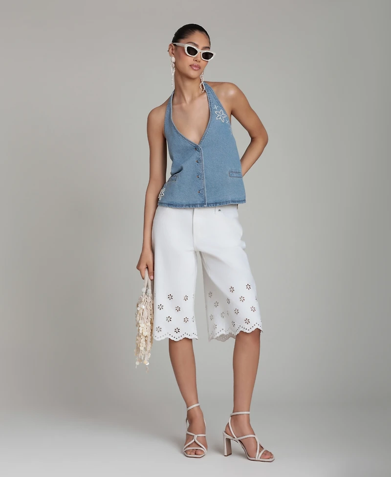 Avec Les Filles Women's Mid-Rise Floral Cutout Detail Shorts