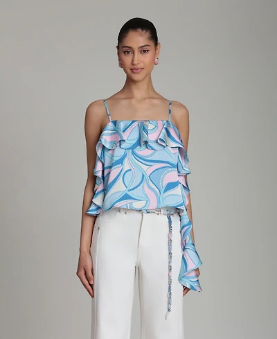 Avec Les Filles Women's Asymmetrical Ruffle Detail Square Neck Top