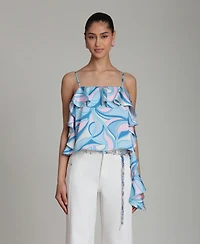 Avec Les Filles Women's Asymmetrical Ruffle Detail Square Neck Top