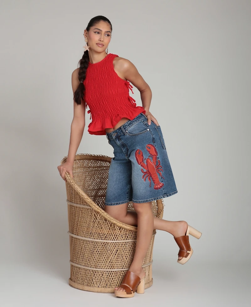 Avec Les Filles Women's Mid-Rise Lobster Embroidered Denim Shorts