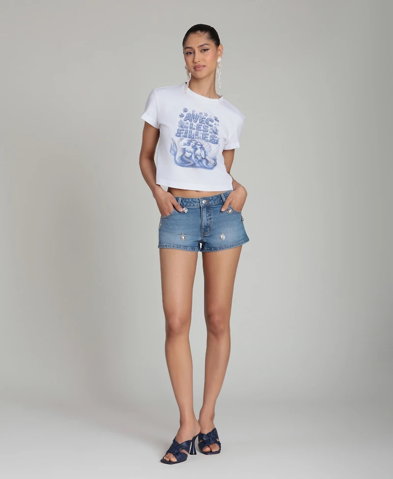 Avec Les Filles Women's Mid-Rise Charm Detail Front-Fly Denim Shorts