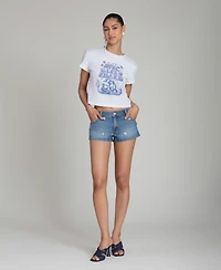 Avec Les Filles Women's Mid-Rise Charm Detail Front-Fly Denim Shorts