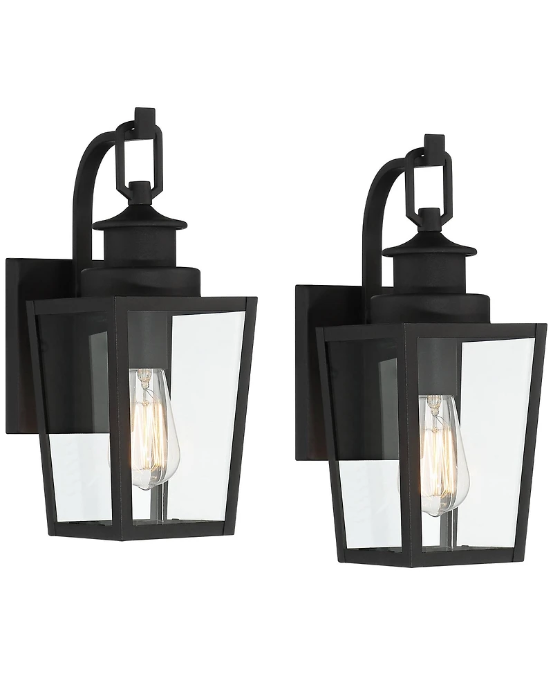 Possini Euro Design Ackerly Modern Outdoor Wall Light Fixtures Set of 2 Textured Lantern Frame 14" Clear Glass for Post Exterior
